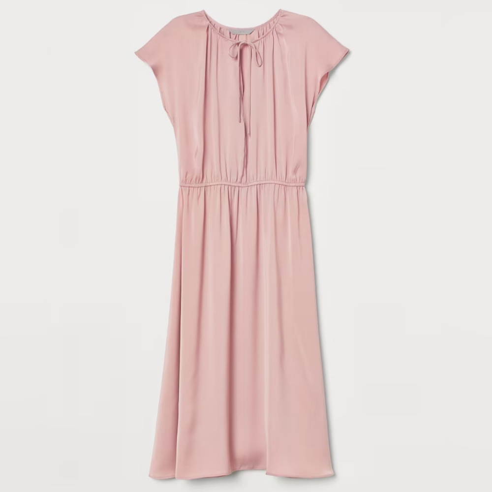 NEW H&M Satin Powder Pink Cap Sleeve Midi Dress Womens Size Small